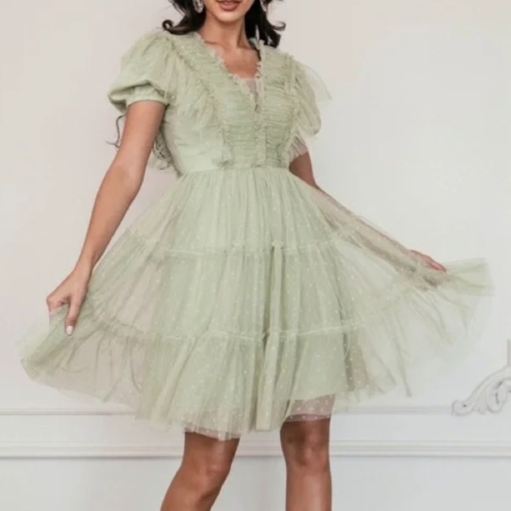 Jessika’s Veronica Light Green Tulle Tiered Midi Dress S